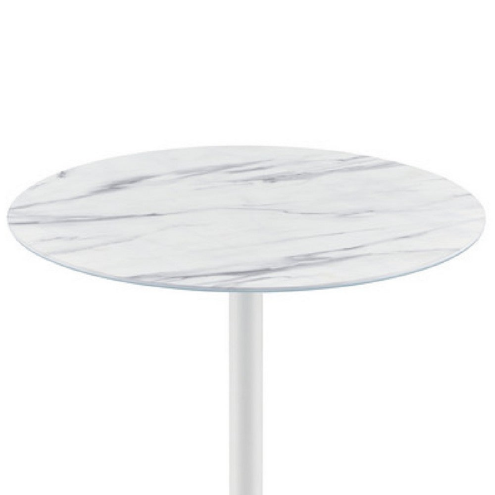 Ciry Side End Table, 18 Inch Round Marble Glass Top, Steel Base, White - BM349107