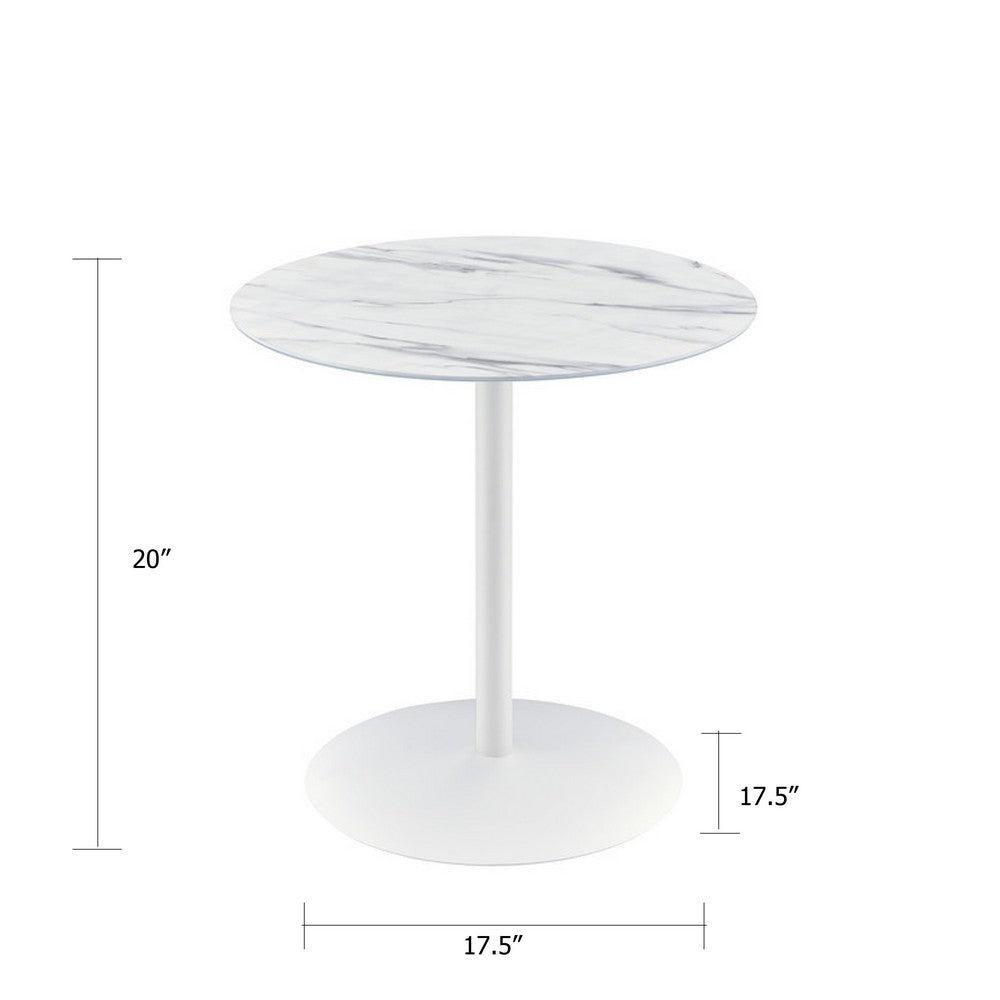 Ciry Side End Table, 18 Inch Round Marble Glass Top, Steel Base, White - BM349107