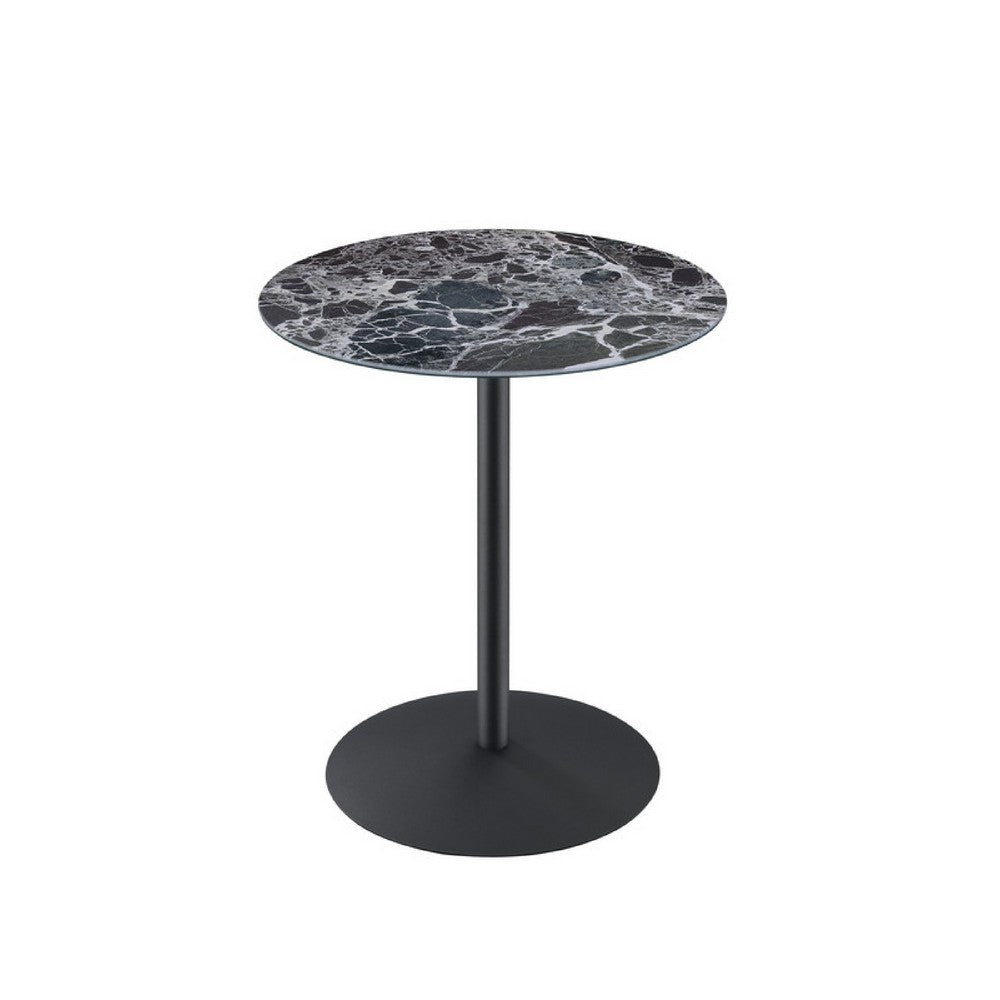 Ciry Side End Table, 18 Inch Round Marble Glass Top, Steel Base, Black - BM349108