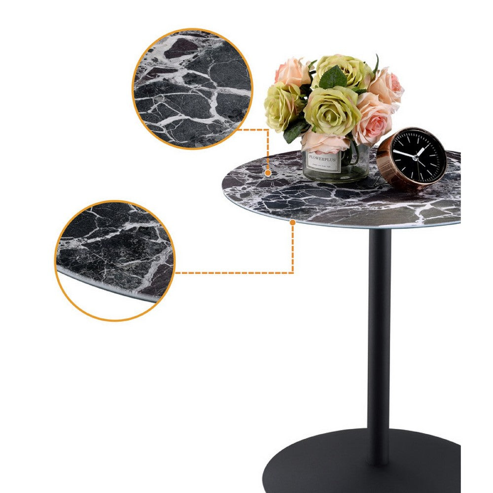Ciry Side End Table, 18 Inch Round Marble Glass Top, Steel Base, Black - BM349108