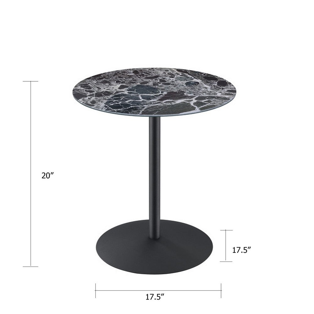 Ciry Side End Table, 18 Inch Round Marble Glass Top, Steel Base, Black - BM349108