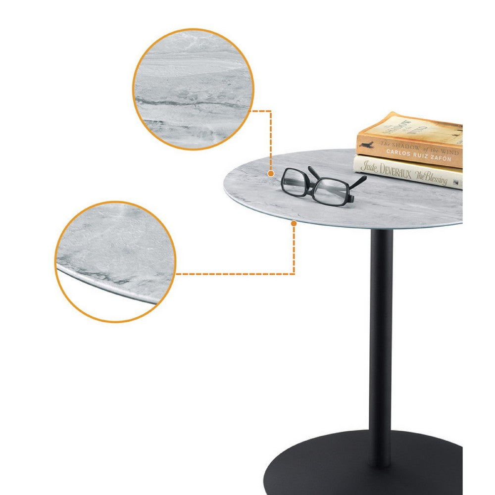 Ciry Side End Table, 18 Inch Round Gray Marble Glass Top, Steel Base - BM349109