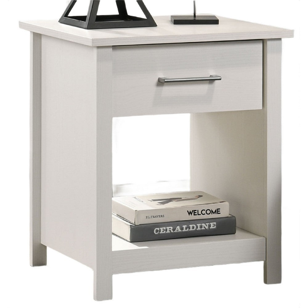 Kele Nightstand, 1 Drawer with Silver Handle, 1 Lower Open Shelf, White - BM349113