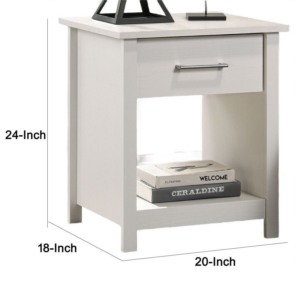 Kele Nightstand, 1 Drawer with Silver Handle, 1 Lower Open Shelf, White - BM349113