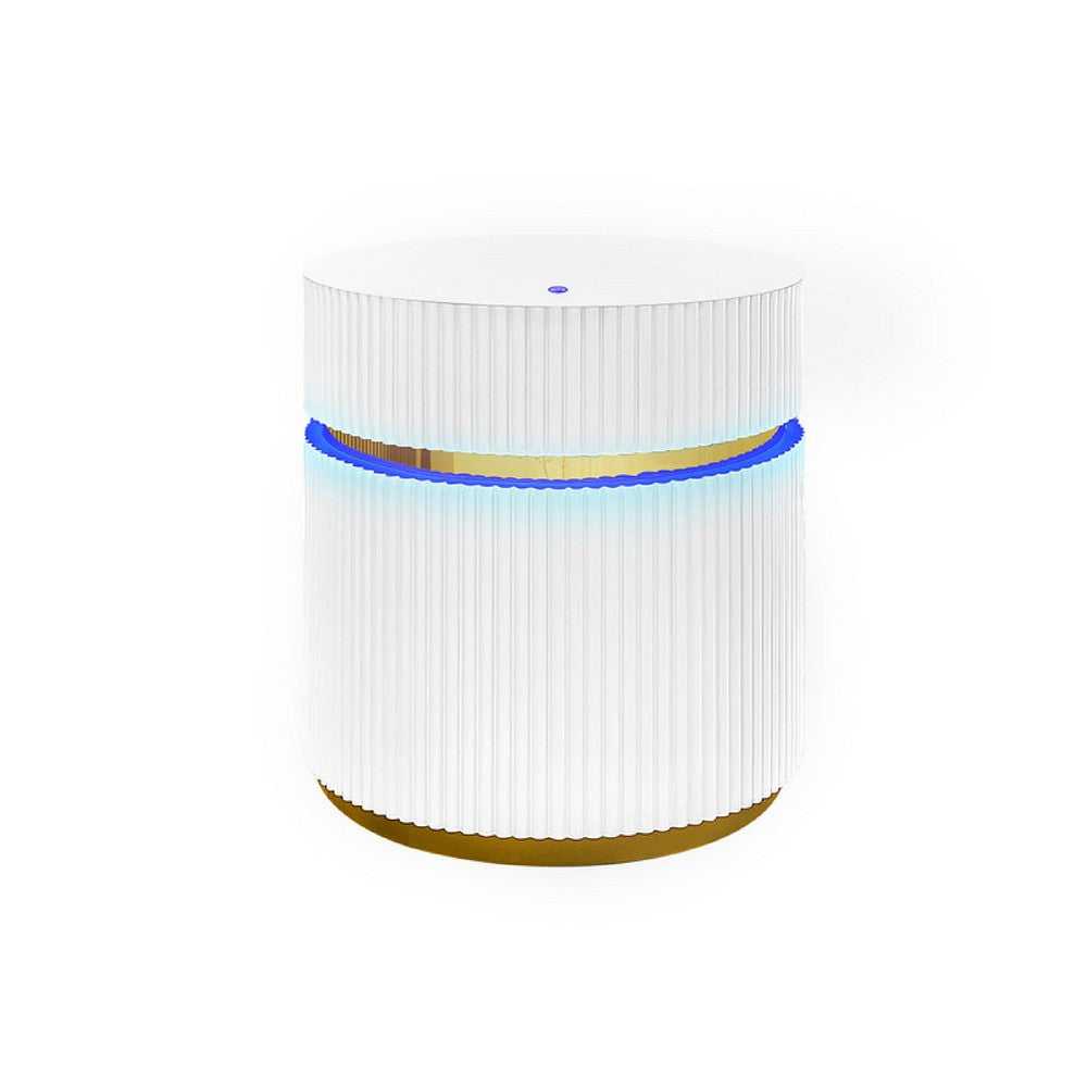 Tavi Side End Table, 20 Inch Round Glass Top, Gold Brim with LED, White - BM349120