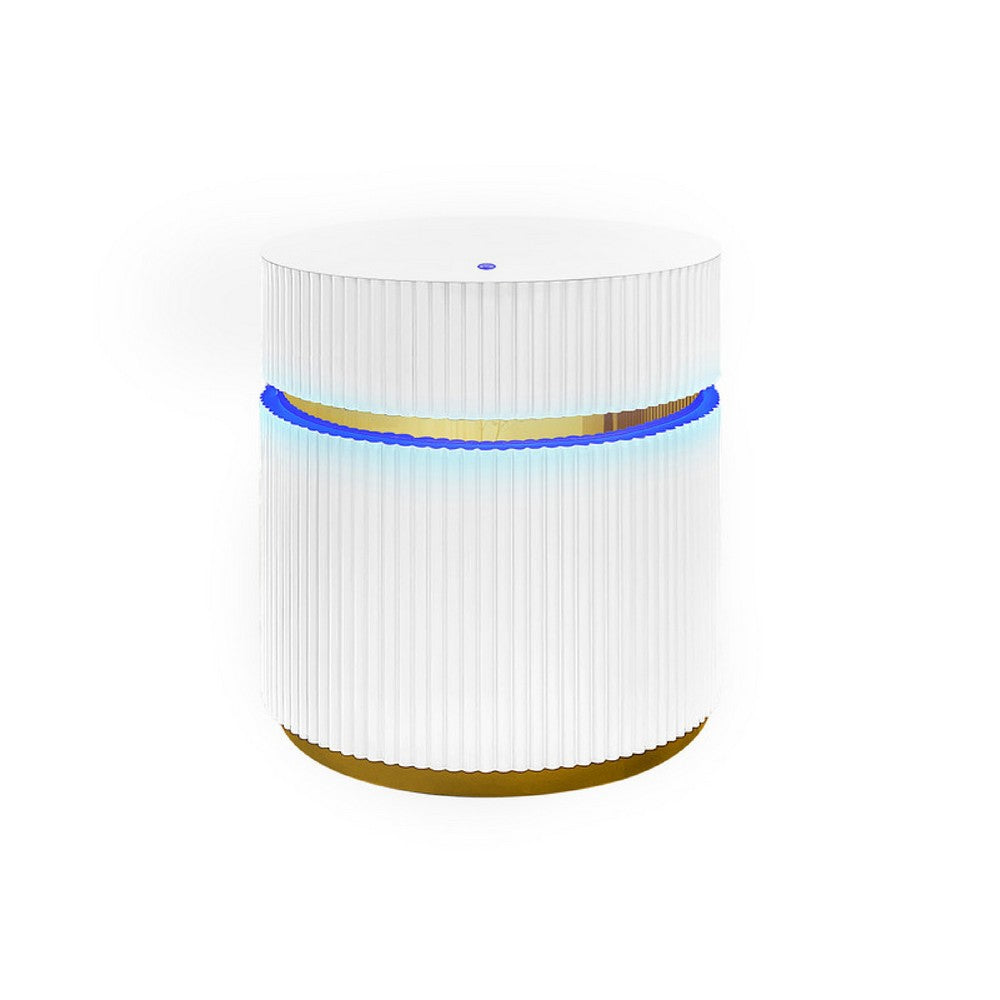 Tavi Side End Table, 20 Inch Round Glass Top, Gold Brim with LED, White - BM349120