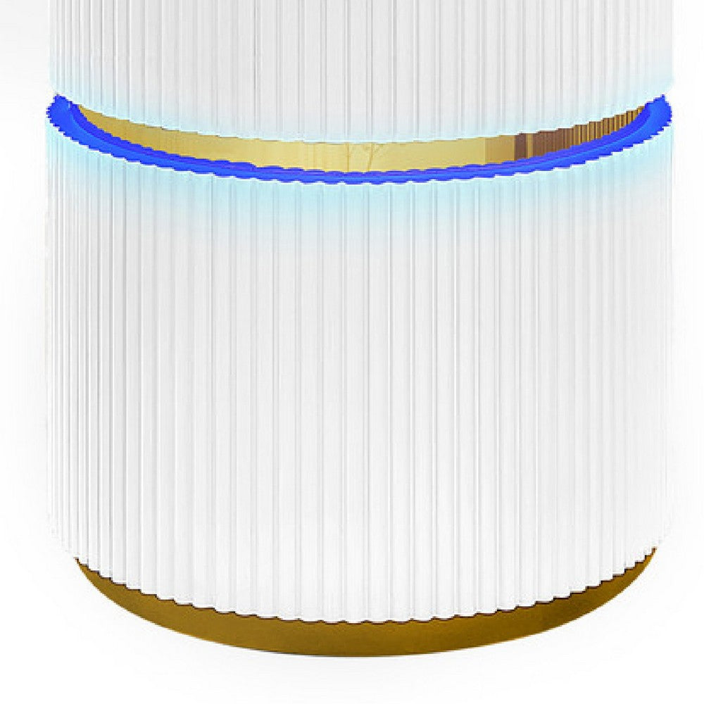 Tavi Side End Table, 20 Inch Round Glass Top, Gold Brim with LED, White - BM349120