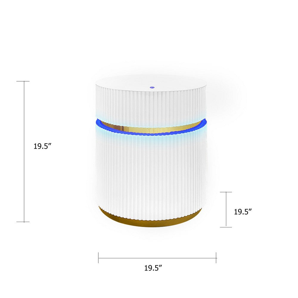 Tavi Side End Table, 20 Inch Round Glass Top, Gold Brim with LED, White - BM349120
