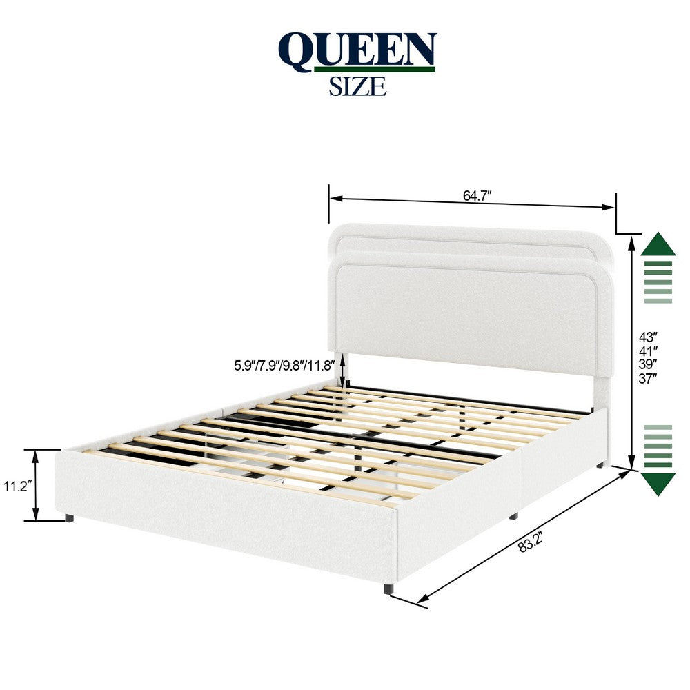 Lez Queen Size Platform Bed with 2 Storage Drawers, Ivory Boucle Upholstery - BM349660