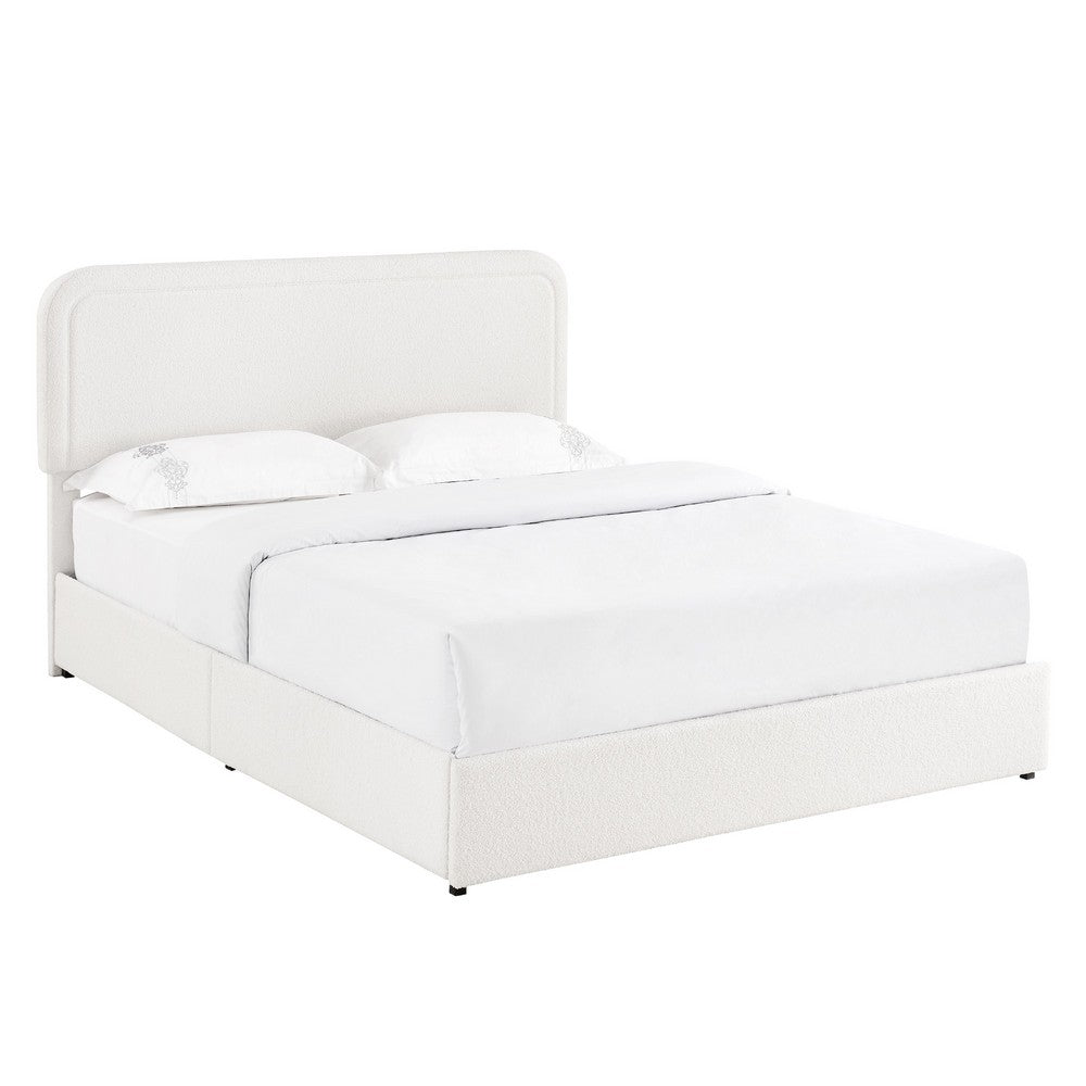 Lez Queen Size Platform Bed with 4 Storage Drawers, Ivory Boucle Upholstery - BM349662