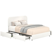 Lez Queen Size Platform Bed with 4 Storage Drawers, Ivory Boucle Upholstery - BM349662