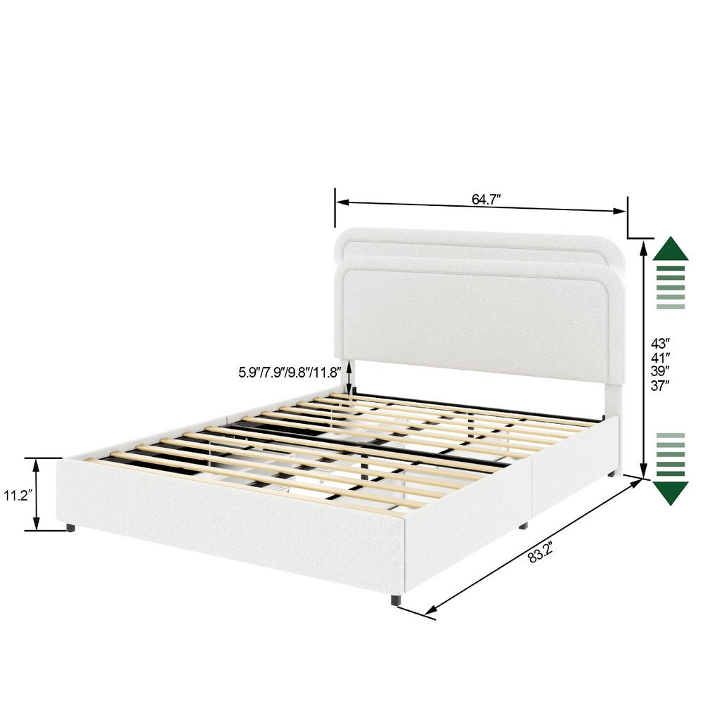 Lez Queen Size Platform Bed with 4 Storage Drawers, Ivory Boucle Upholstery - BM349662