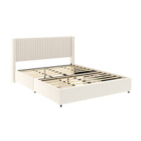Nia Queen Bed, 2 Storage Drawers, Wingback Tufted Ivory Velvet Headboard - BM349663