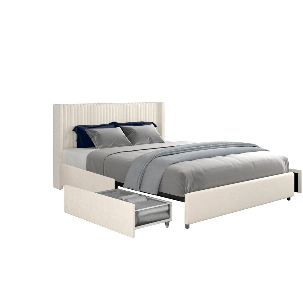 Nia Queen Bed, 2 Storage Drawers, Wingback Tufted Ivory Velvet Headboard - BM349663