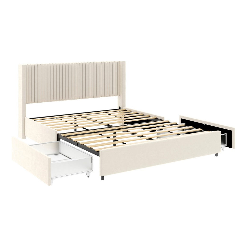 Nia Queen Bed, 2 Storage Drawers, Wingback Tufted Ivory Velvet Headboard - BM349663