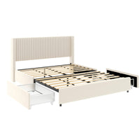 Nia Queen Bed, 2 Storage Drawers, Wingback Tufted Ivory Velvet Headboard - BM349663