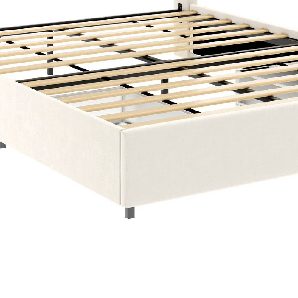 Nia Queen Bed, 2 Storage Drawers, Wingback Tufted Ivory Velvet Headboard - BM349663
