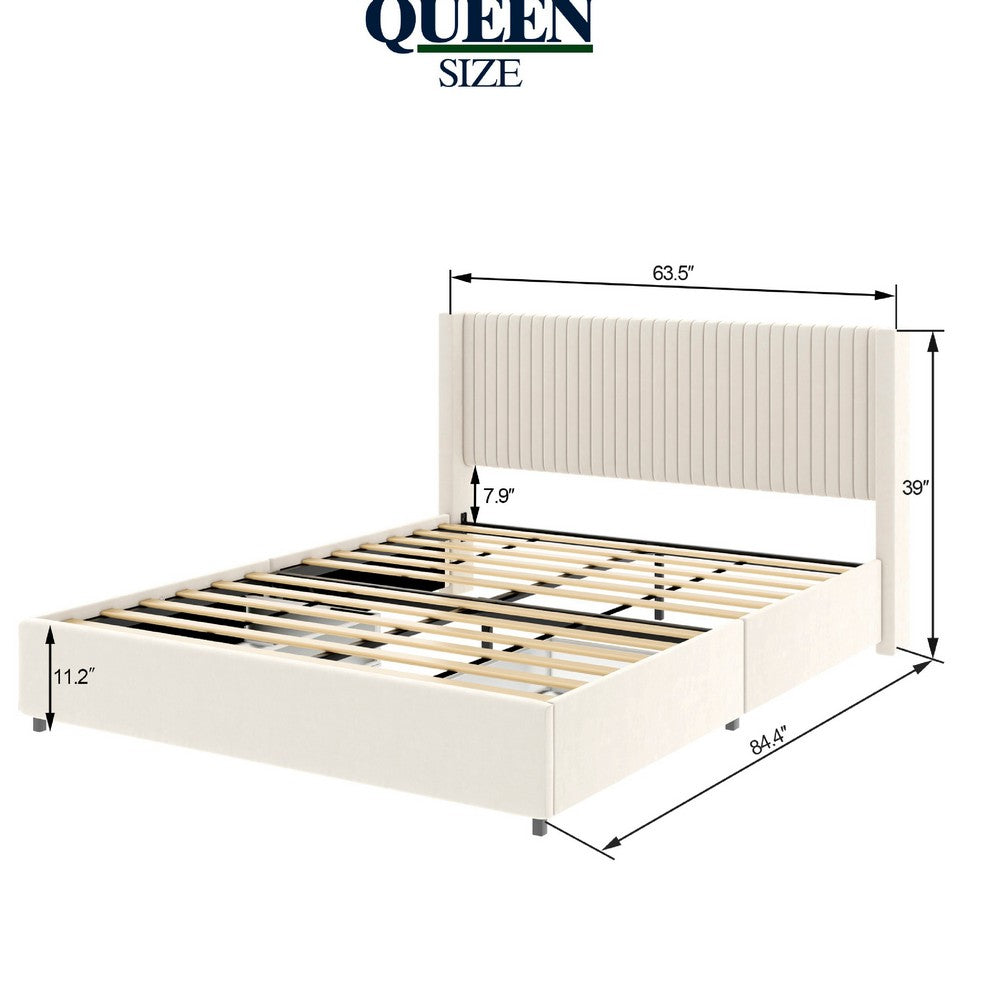 Nia Queen Bed, 2 Storage Drawers, Wingback Tufted Ivory Velvet Headboard - BM349663