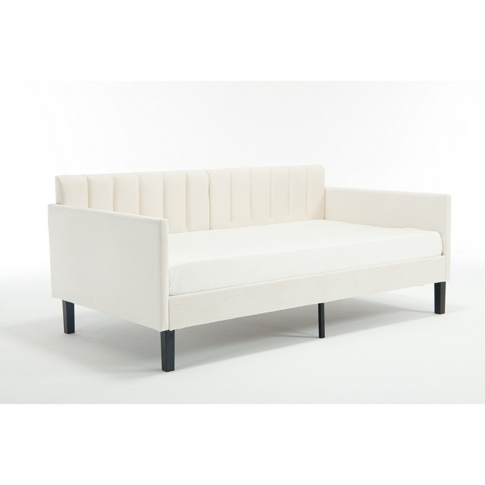 Ely Twin Size Daybed with Tufted Backrest, Ribbed Beige Velvet Upholstery - BM349664