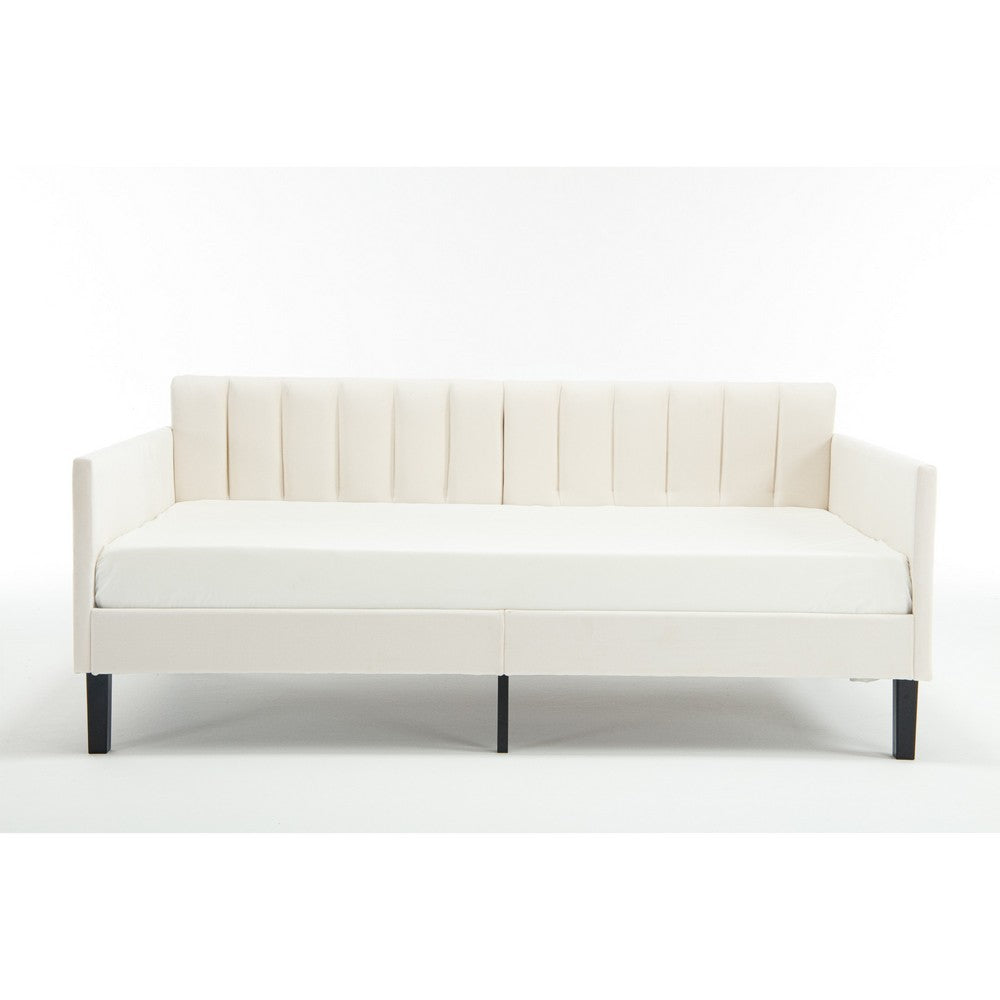 Ely Twin Size Daybed with Tufted Backrest, Ribbed Beige Velvet Upholstery - BM349664