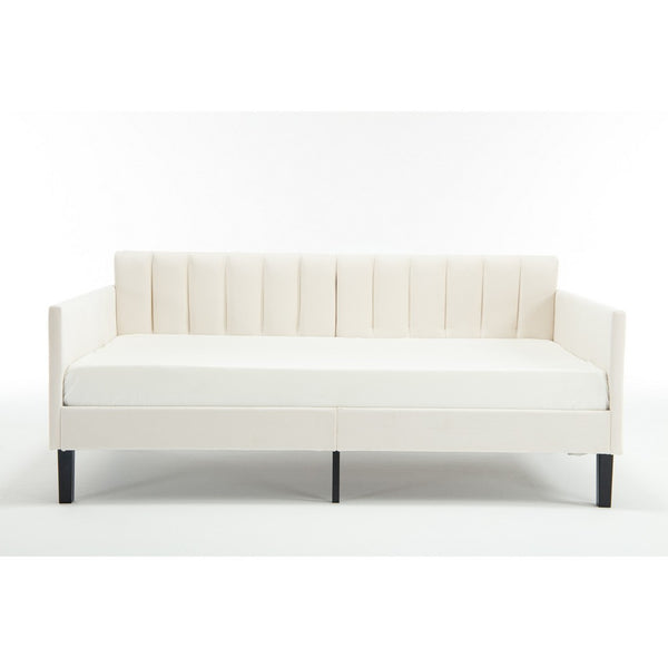 Ely Twin Size Daybed with Tufted Backrest, Ribbed Beige Velvet Upholstery - BM349664