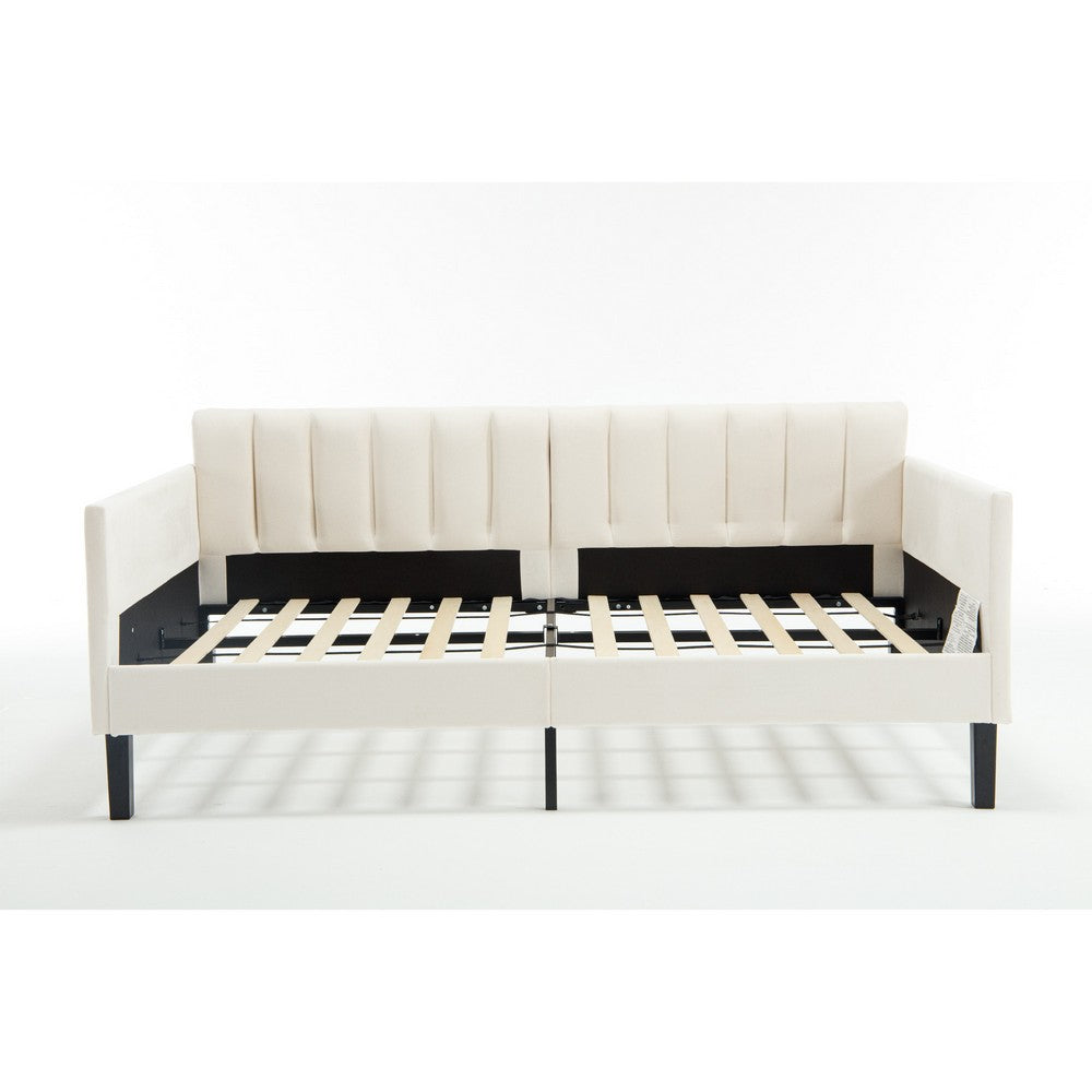 Ely Twin Size Daybed with Tufted Backrest, Ribbed Beige Velvet Upholstery - BM349664