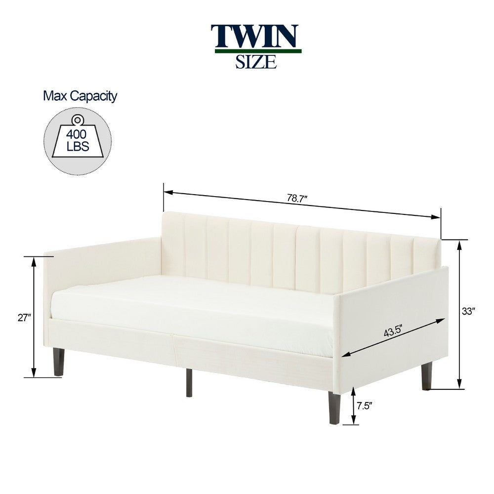 Ely Twin Size Daybed with Tufted Backrest, Ribbed Beige Velvet Upholstery - BM349664