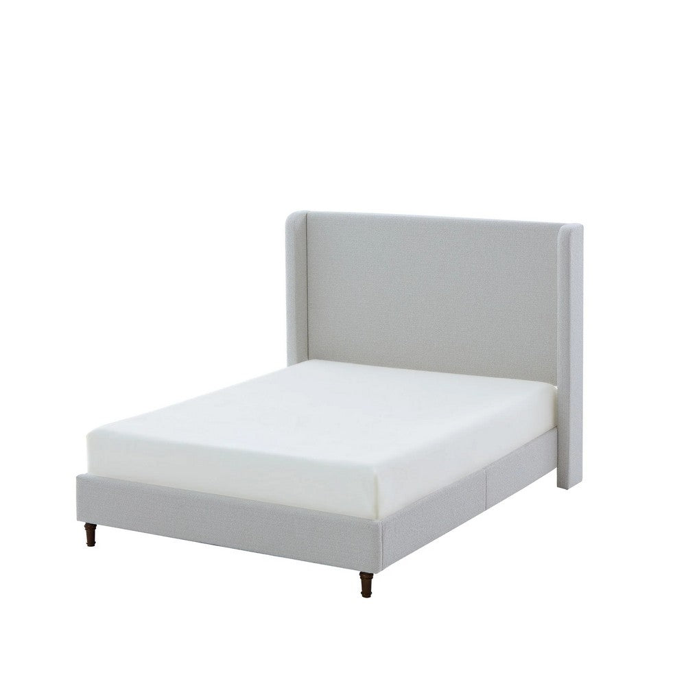 Heny Queen Size Bed with Wingback Tall Headboard, Ivory Fabric Upholstery - BM349665