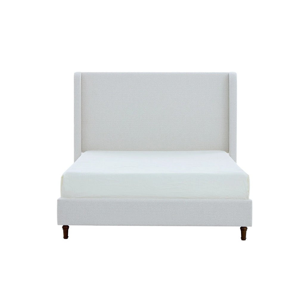 Heny Queen Size Bed with Wingback Tall Headboard, Ivory Fabric Upholstery - BM349665