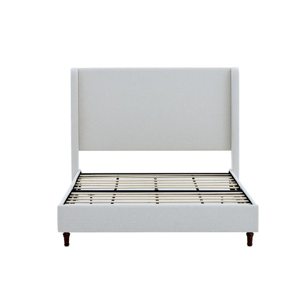 Heny Queen Size Bed with Wingback Tall Headboard, Ivory Fabric Upholstery - BM349665