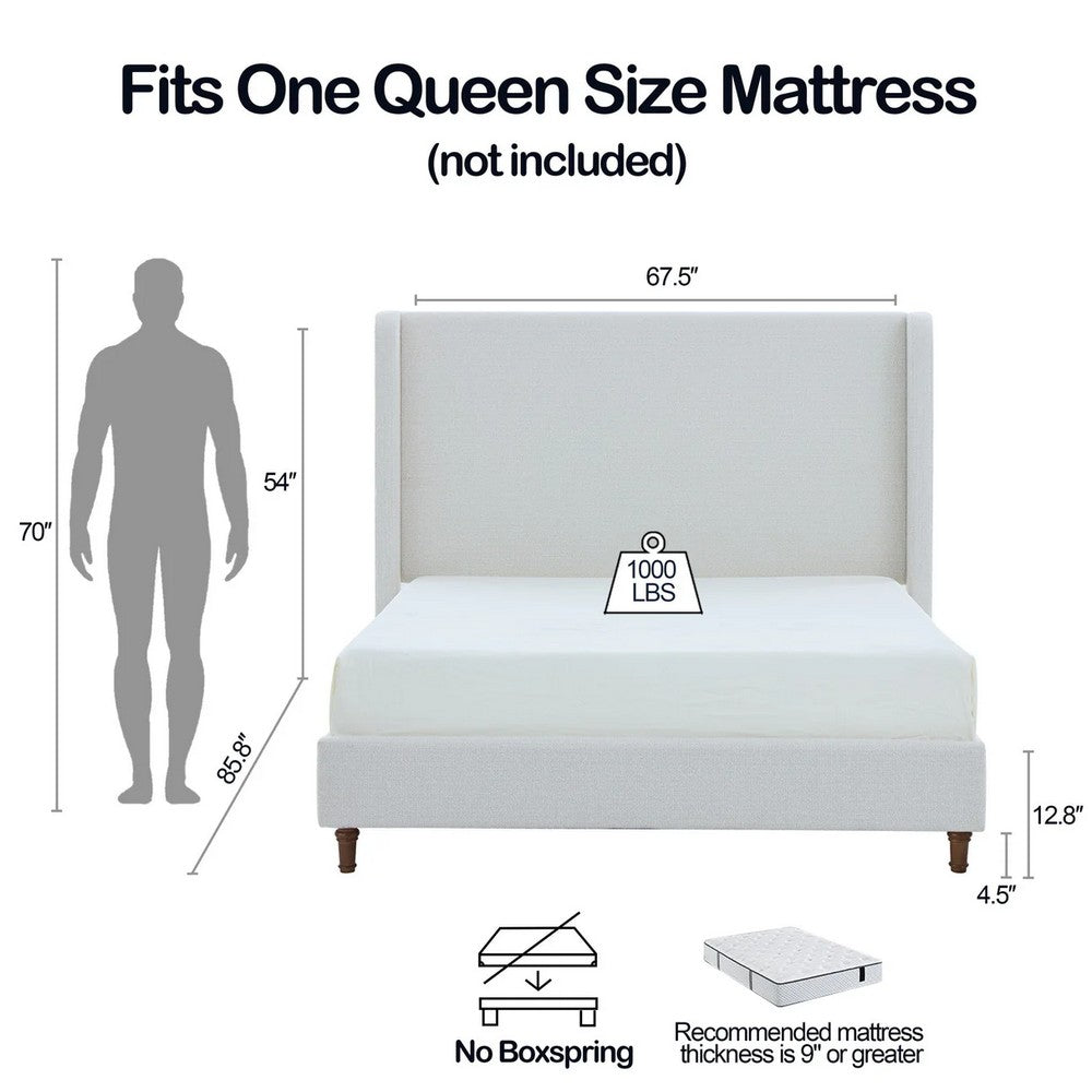 Heny Queen Size Bed with Wingback Tall Headboard, Ivory Fabric Upholstery - BM349665