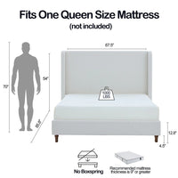 Heny Queen Size Bed with Wingback Tall Headboard, Ivory Fabric Upholstery - BM349665