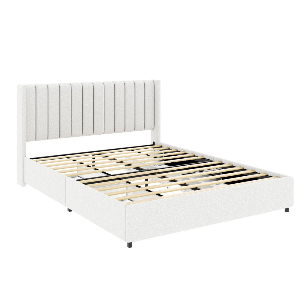 Deny Queen Storage Bed, 4 Drawers, Channel Tufted Ivory Boucle Upholstery - BM349666