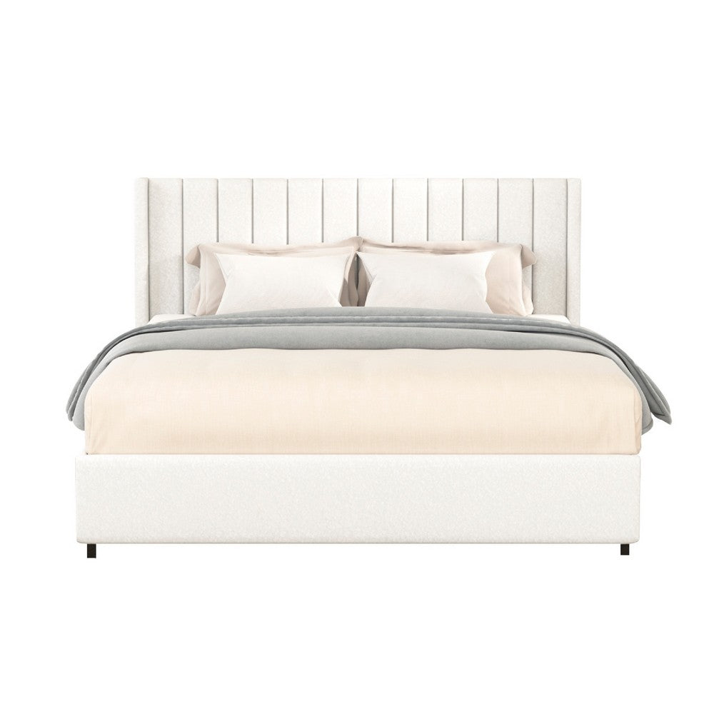 Deny Queen Storage Bed, 4 Drawers, Channel Tufted Ivory Boucle Upholstery - BM349666