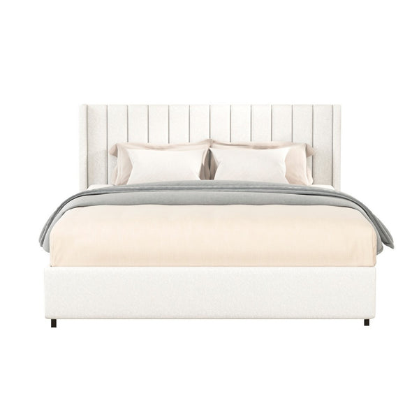 Deny Queen Storage Bed, 4 Drawers, Channel Tufted Ivory Boucle Upholstery - BM349666