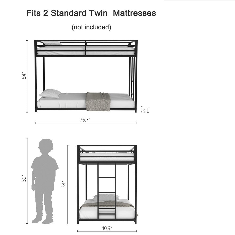 Ady Low Profile Twin Over Twin Bunk Bed with Ladder, Black Metal Frame - BM349667