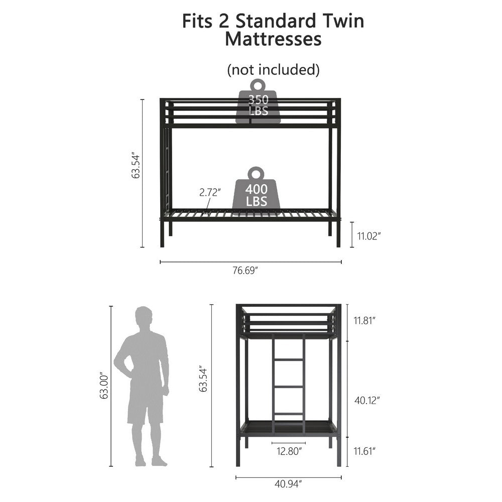 Ady Twin Over Twin Bunk Bed with Ladder and Guardrails, Black Metal Frame - BM349669