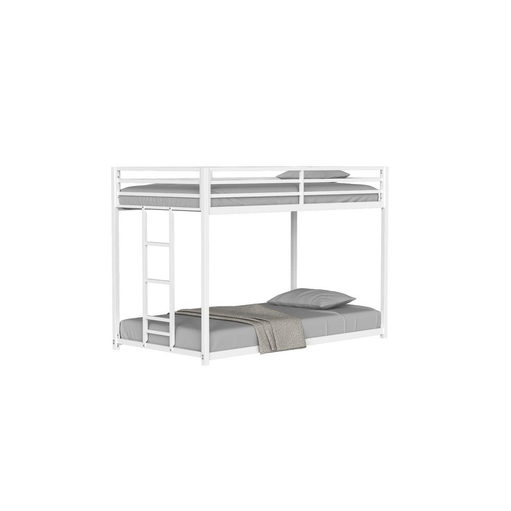 Ady Low Profile Twin Over Twin Bunk Bed with Ladder, White Metal Frame - BM349670