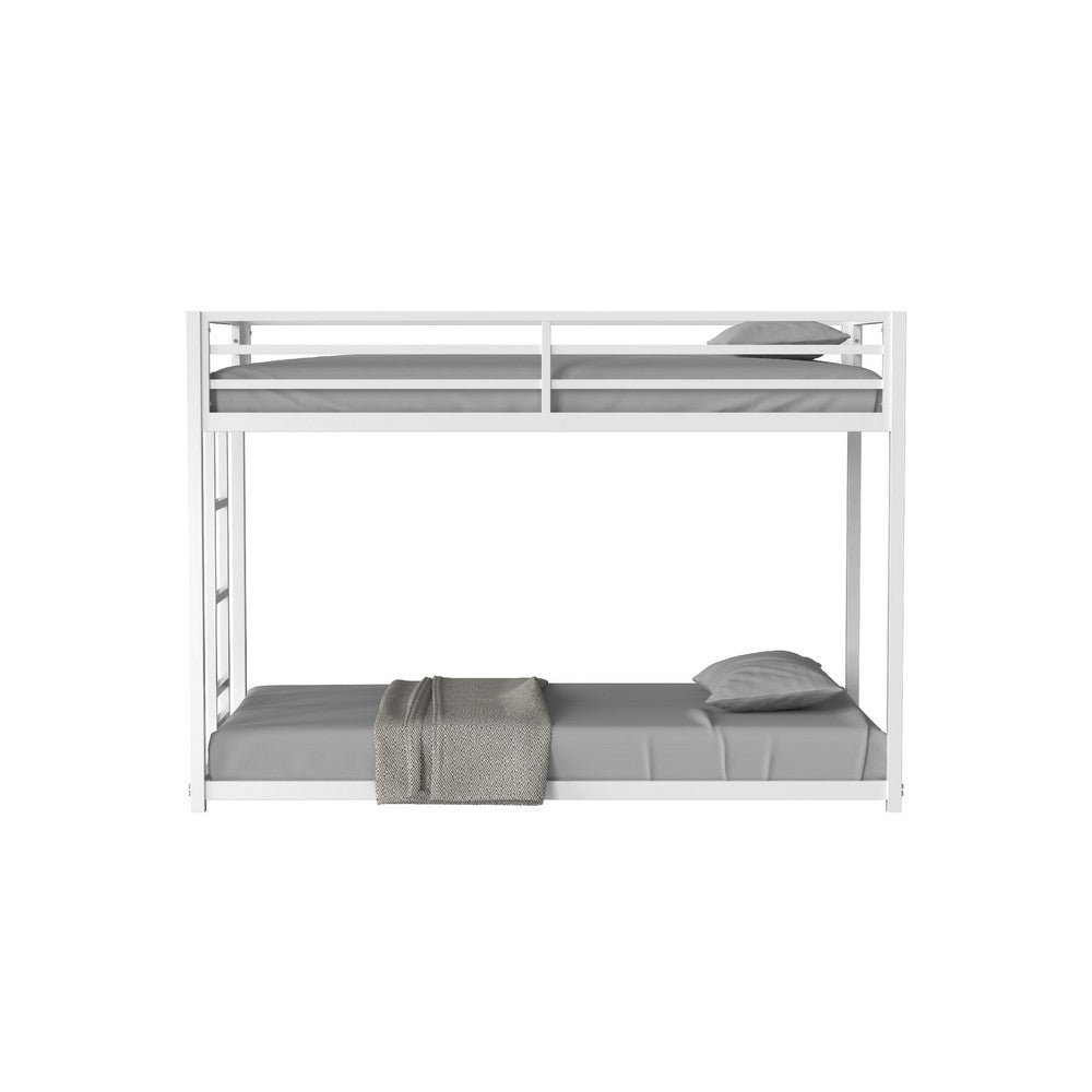 Ady Low Profile Twin Over Twin Bunk Bed with Ladder, White Metal Frame - BM349670