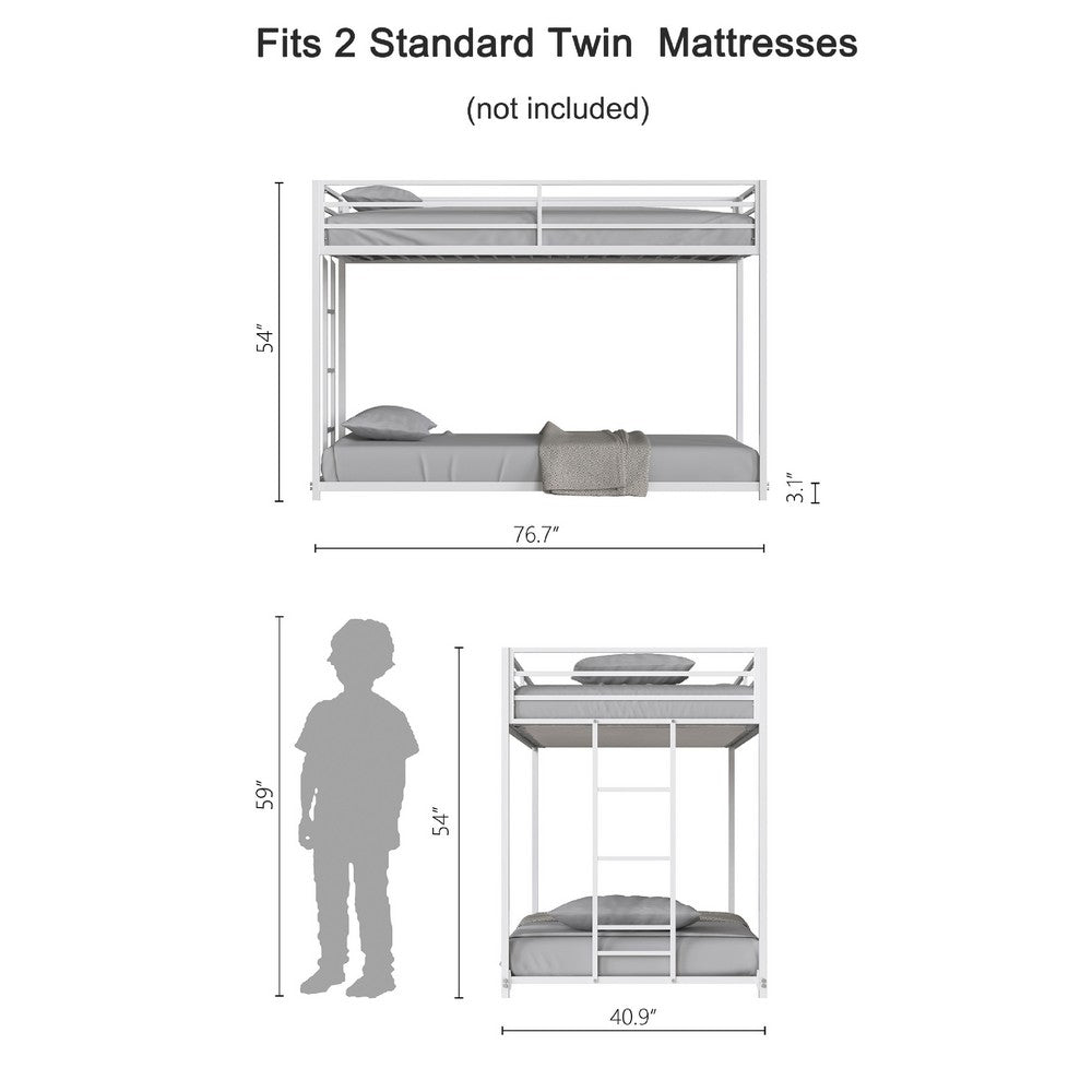 Ady Low Profile Twin Over Twin Bunk Bed with Ladder, White Metal Frame - BM349670
