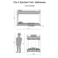 Ady Low Profile Twin Over Twin Bunk Bed with Ladder, White Metal Frame - BM349670