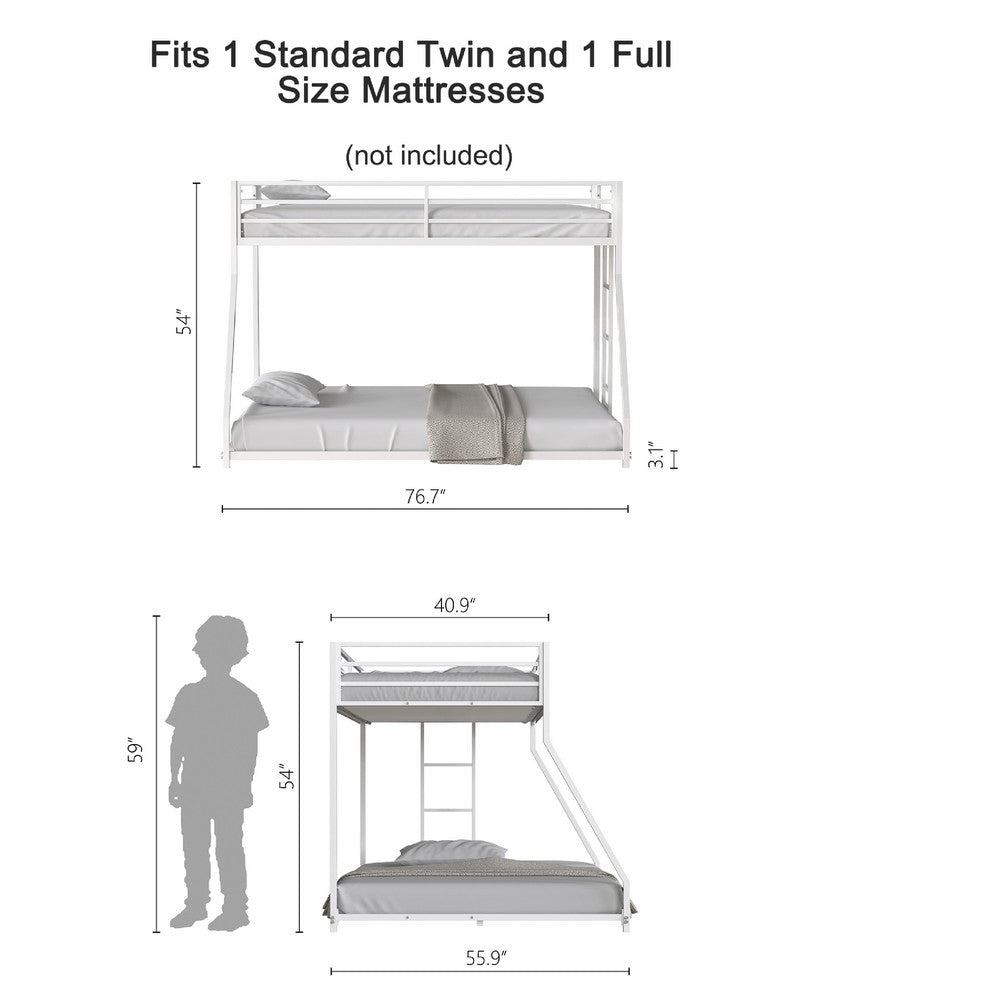 Ady Low Profile Twin Over Full Bunk Bed with Ladder, White Metal Frame - BM349671