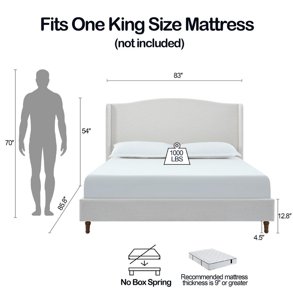 Heny King Size Bed with Wingback Tall Headboard, Ivory Fabric Upholstery - BM349672