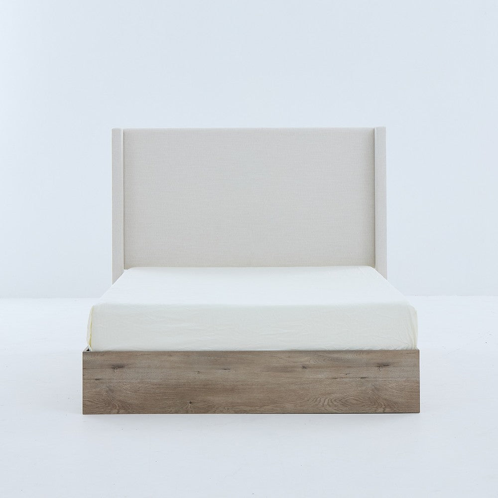 Sely Queen Size Bed with Wingback Headboard, Ivory Chenille Upholstery - BM349673