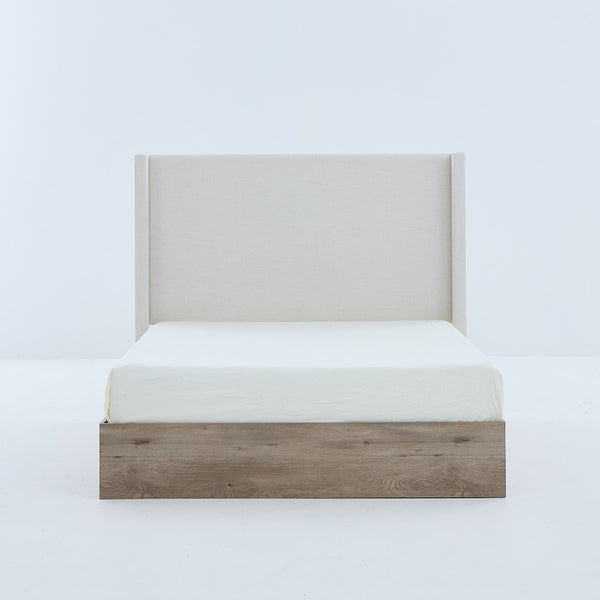 Sely Queen Size Bed with Wingback Headboard, Ivory Chenille Upholstery - BM349673