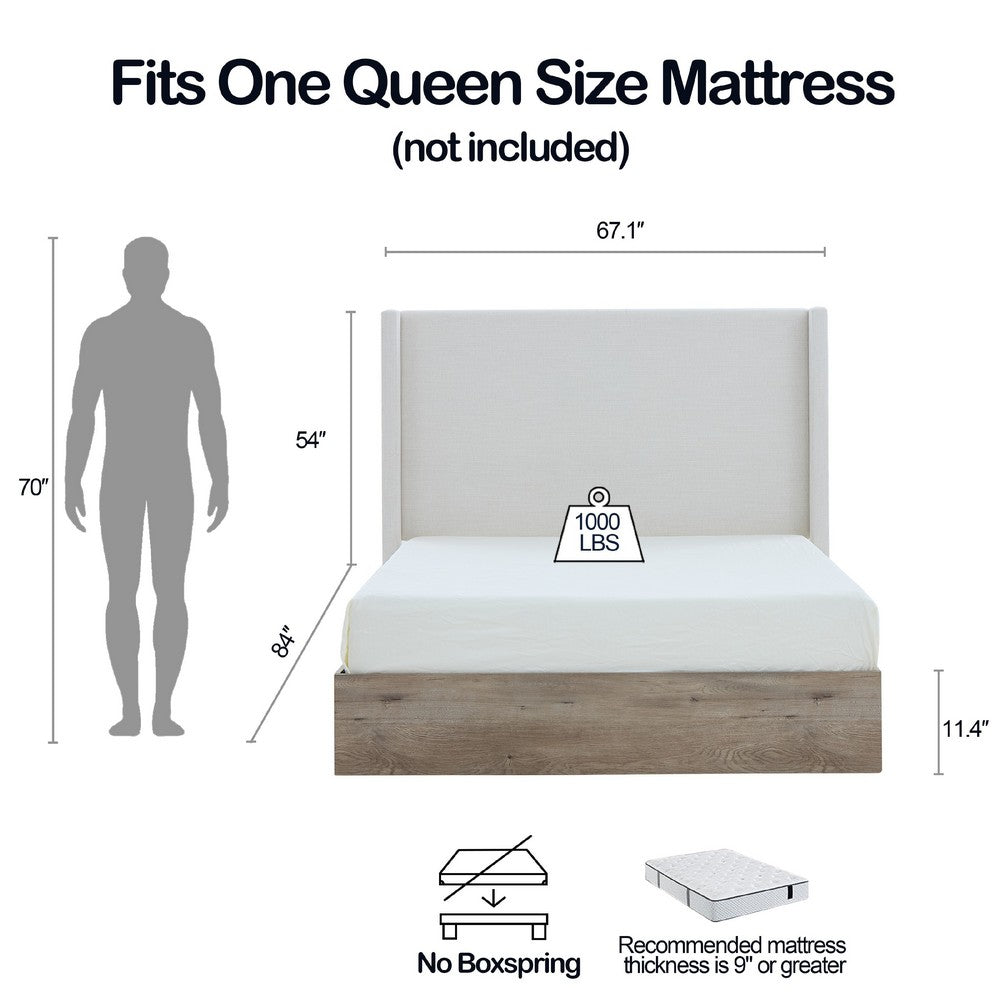 Sely Queen Size Bed with Wingback Headboard, Ivory Chenille Upholstery - BM349673