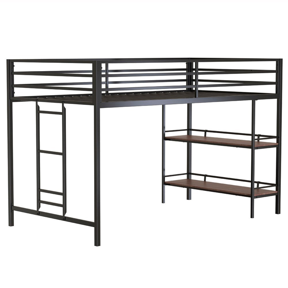 Ady Twin Size Loft Bed with Ladder and 2 Wood Shelves, Black Metal Frame - BM349674