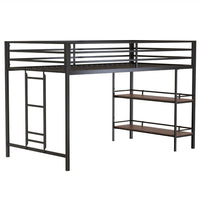 Ady Twin Size Loft Bed with Ladder and 2 Wood Shelves, Black Metal Frame - BM349674