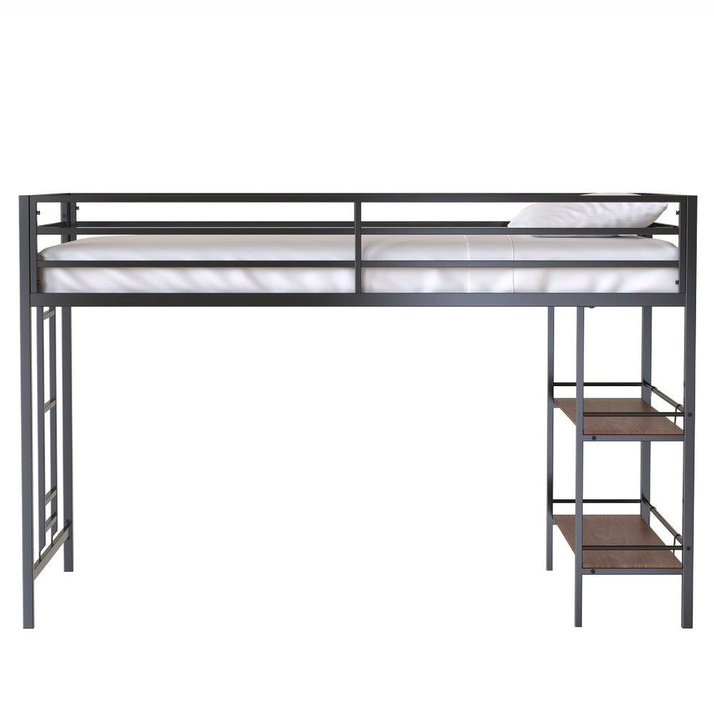 Ady Twin Size Loft Bed with Ladder and 2 Wood Shelves, Black Metal Frame - BM349674