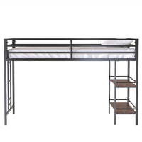 Ady Twin Size Loft Bed with Ladder and 2 Wood Shelves, Black Metal Frame - BM349674